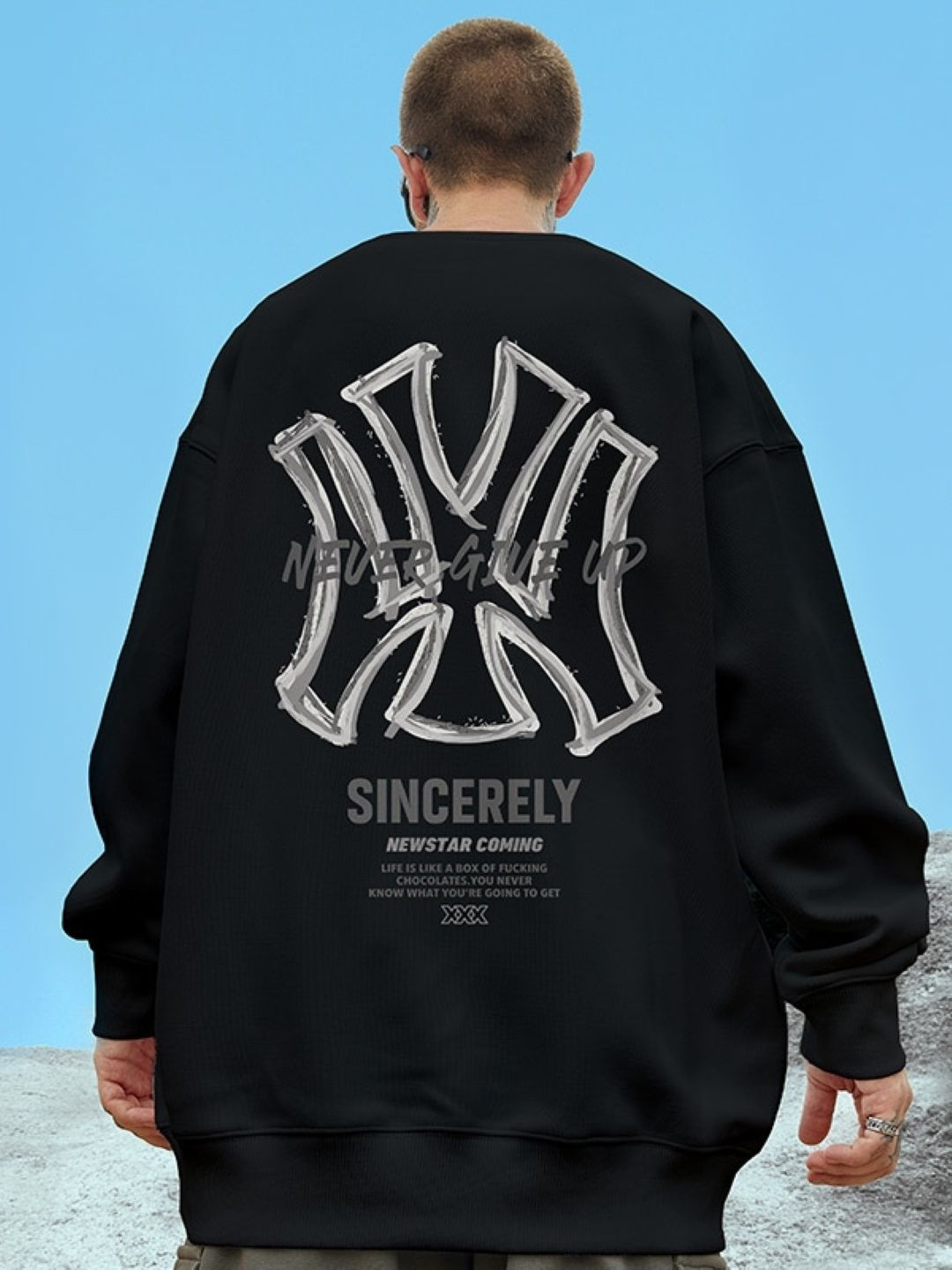 

KPOP Men Cotton Printed Round Neck Long Sleeves Sweatshirt, Black
