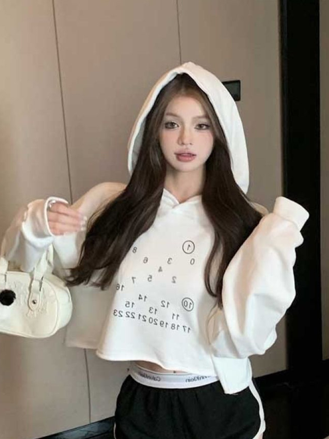 

HERE&NOW Women Printed Long Sleeves Hooded Sweatshirt, White