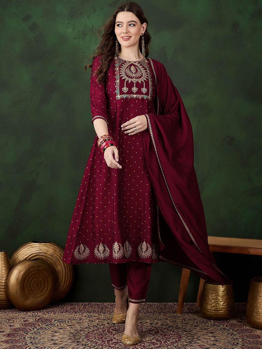 

Sangria Maroon Floral Embroidered Zari A-Line Kurta With Trousers & Dupatta