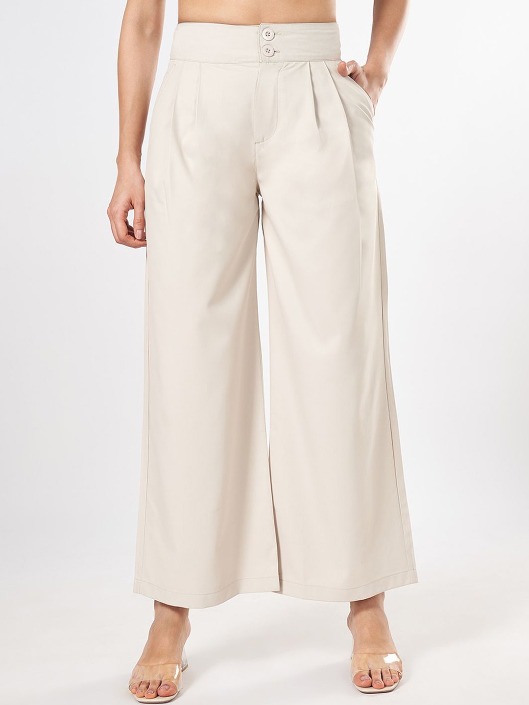 

People Women Flared High-Rise Pleated Wide Leg Trousers, Grey