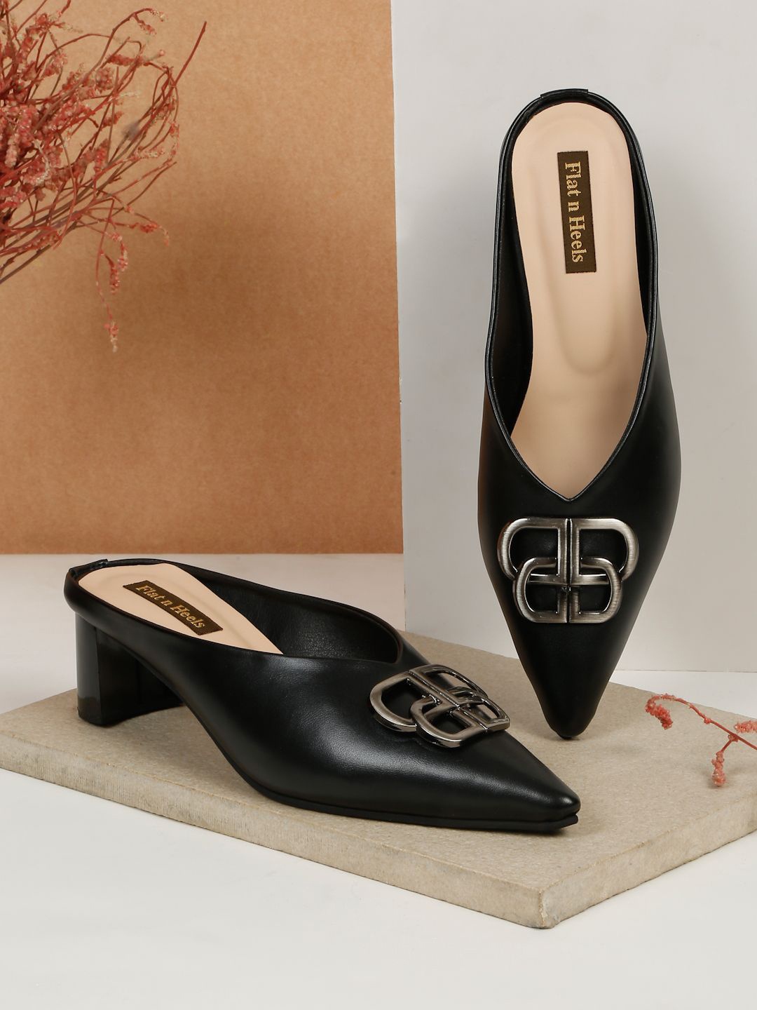 

Flat n Heels Women Pointed Toe Block Heel Pumps with Buckles, Black