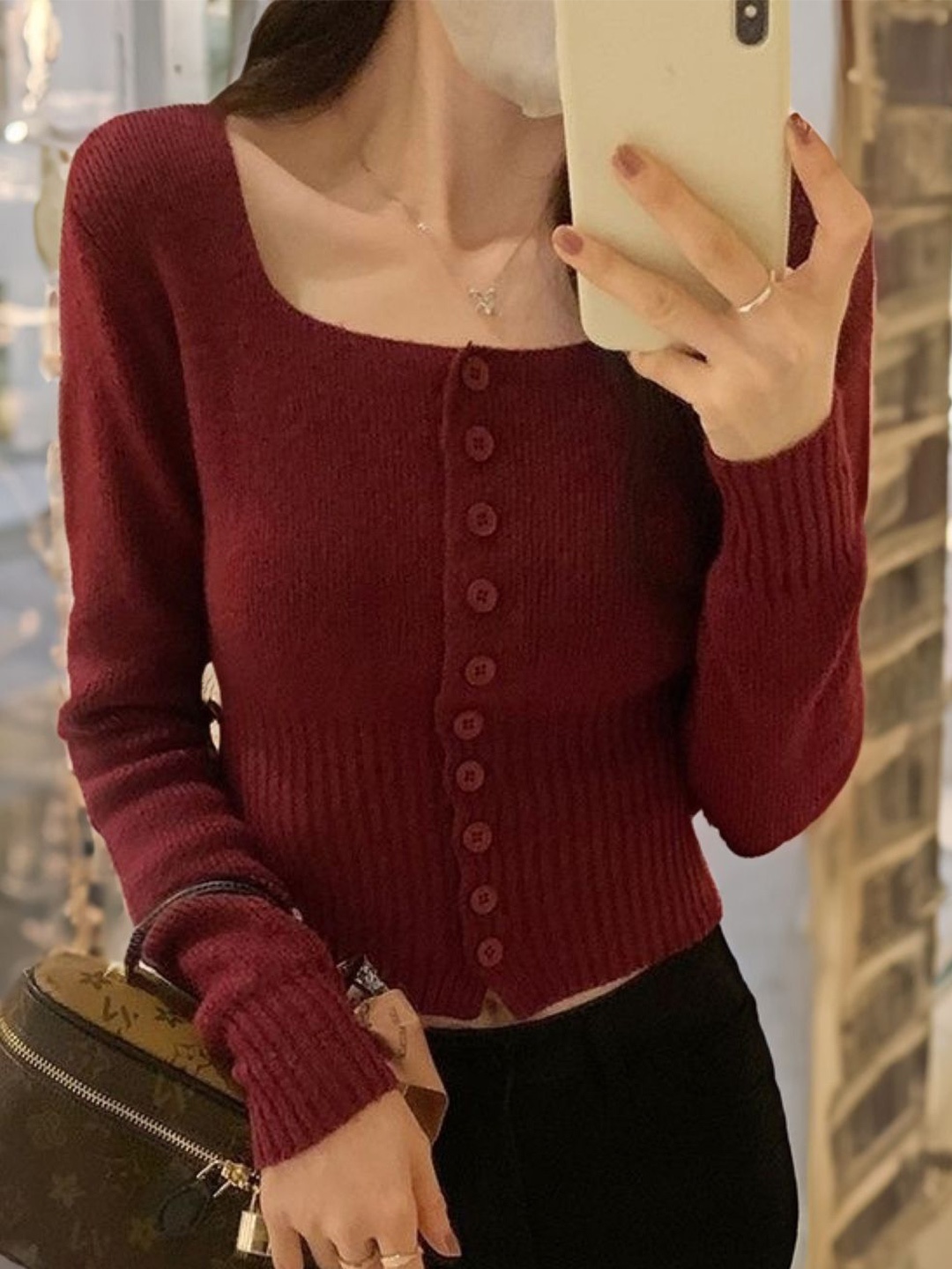 

KPOP Women Scoop Neck Solid Long Sleeves Sweaters, Red