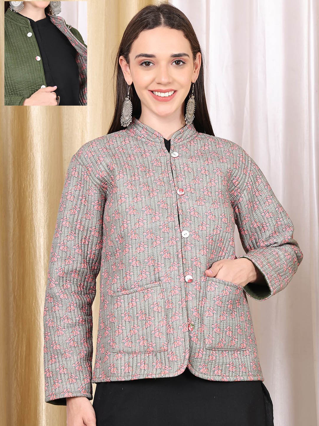 

SOUNDARYA Women Floral Reversible Quilted Jacket, Green