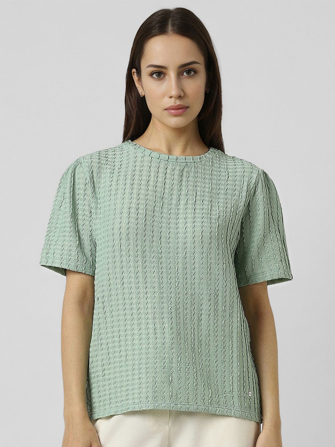 

Van Heusen Woman Round Neck Short Sleeves Self Design Casual Top, Green