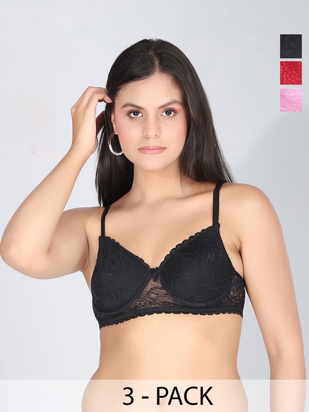 

StyFun Women Pack of 3 Floral Full Coverage Underwired Lightly Padded Bra, Black