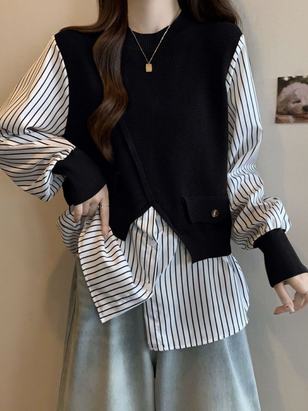 

KPOP Women Striped Cotton Round Neck Long Sleeves Pullover Sweaters, Black