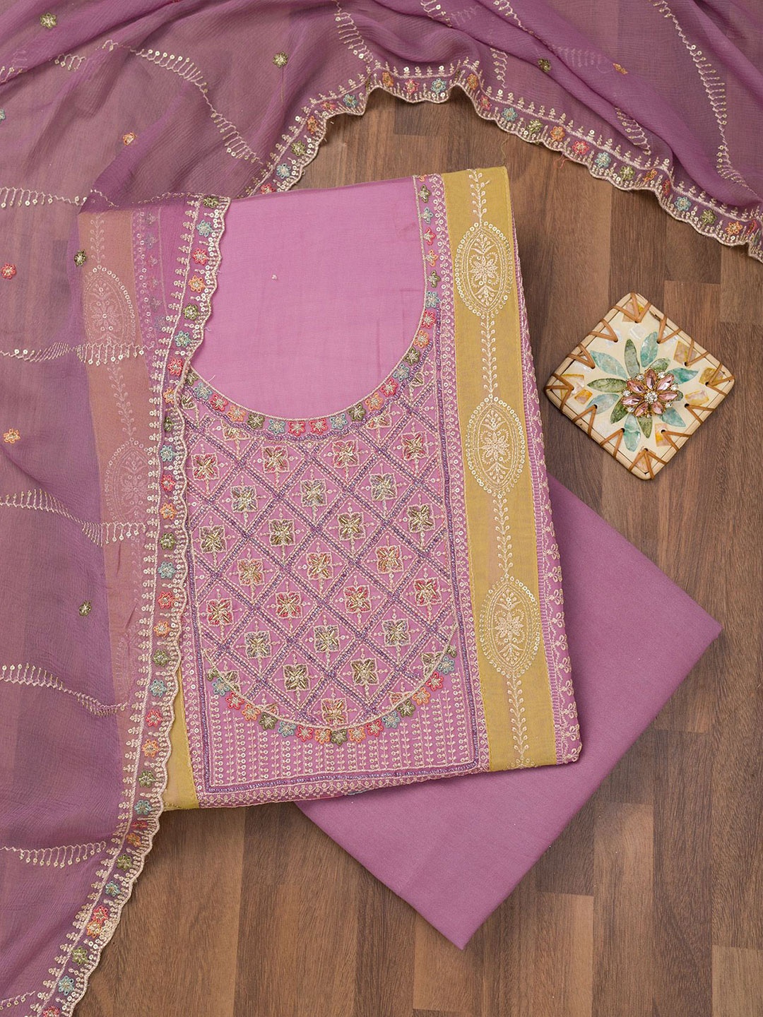 

Koskii Floral Embroidered Sequinned Unstitched Dress Material, Purple