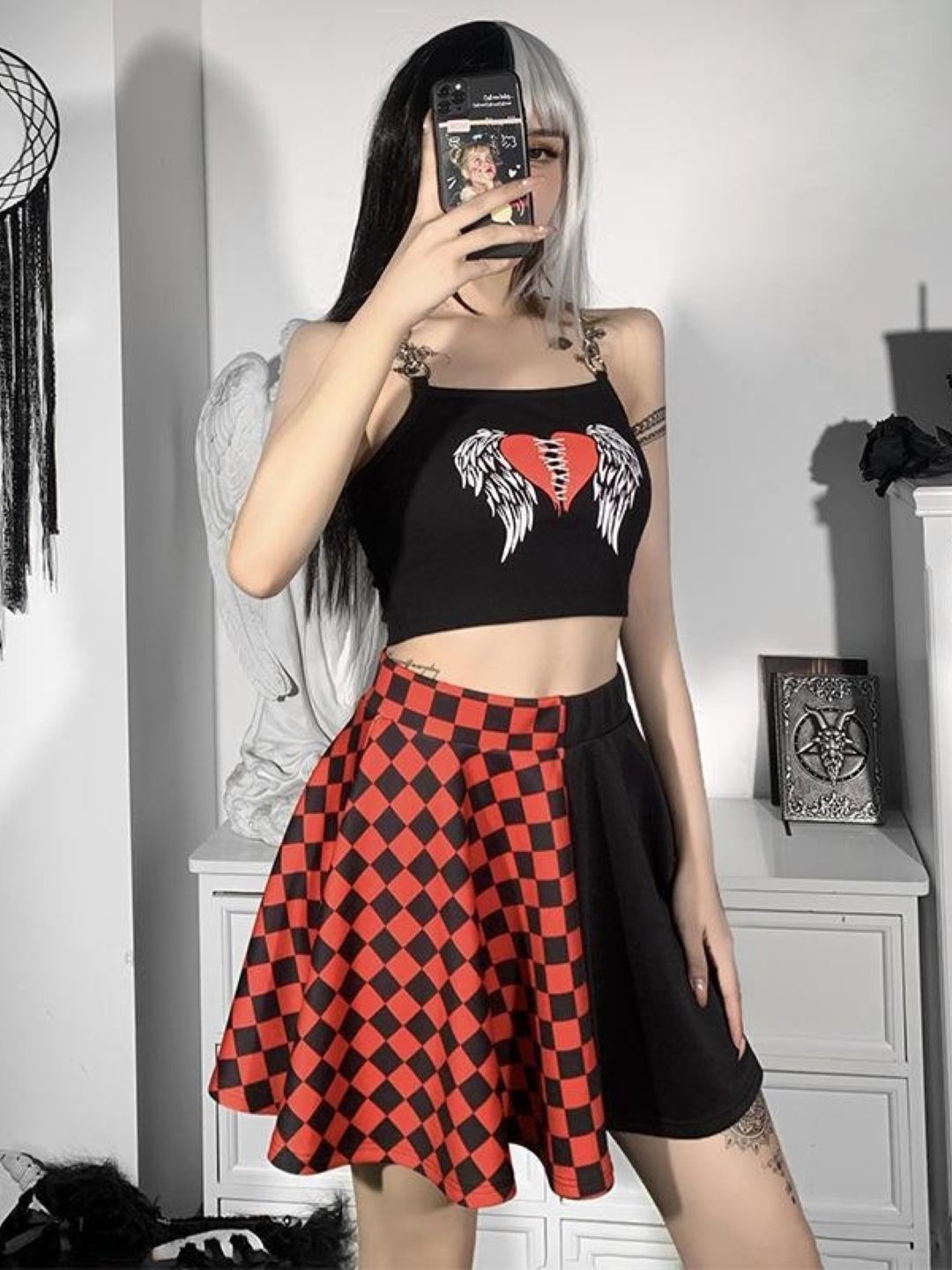 

KPOP Women Checked A-Line Above Knee Skirt, Red