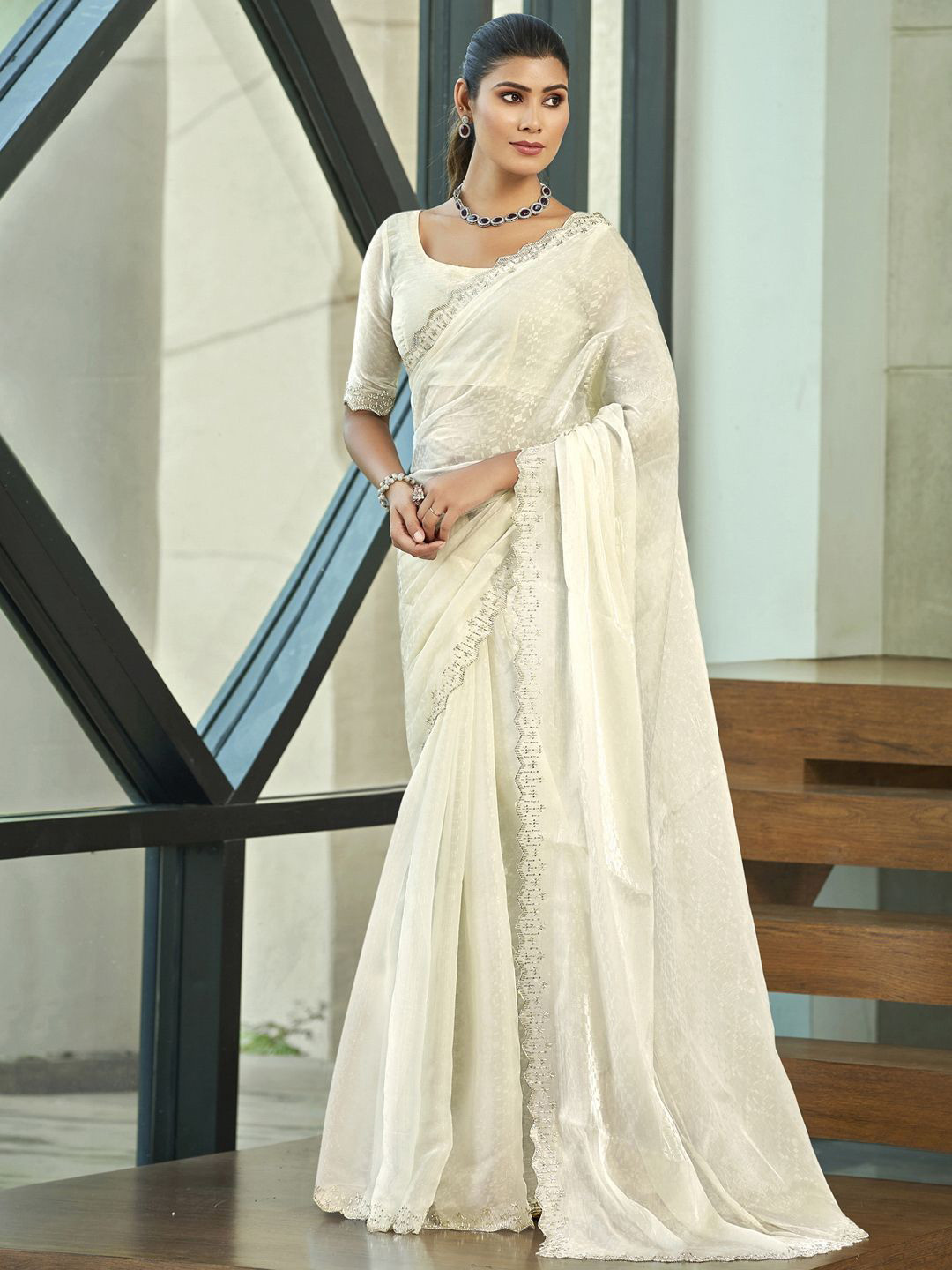

Stylee LIFESTYLE Embellished Beads and Stones Silk Blend Saree, Cream