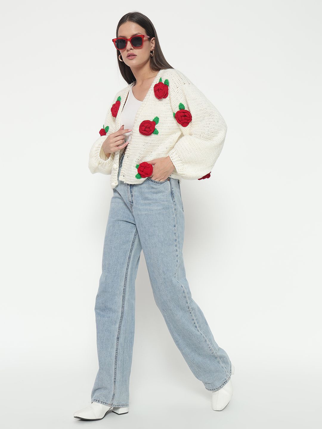 

Sugercandy Women Floral Printed Crop Cardigan with Embroidered Detail, Cream
