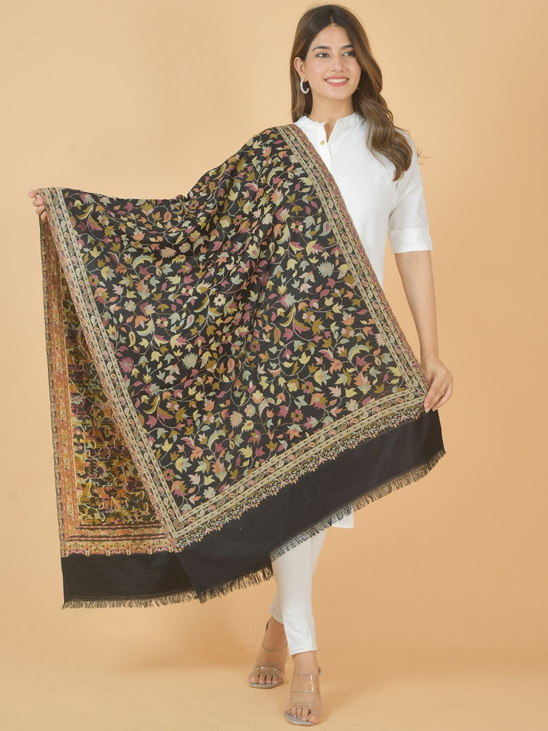 

BAISA Ethnic Motifs Woven Design Shawl, Black