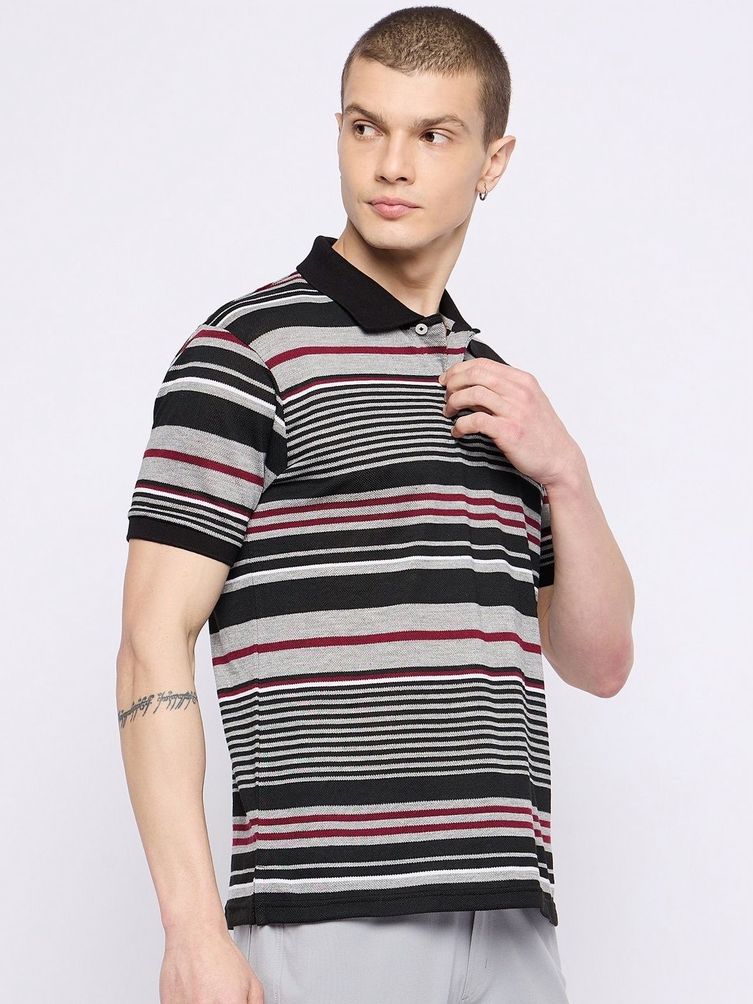 

GET GOLF Men Striped Polo Collar Cotton T-shirt, Black