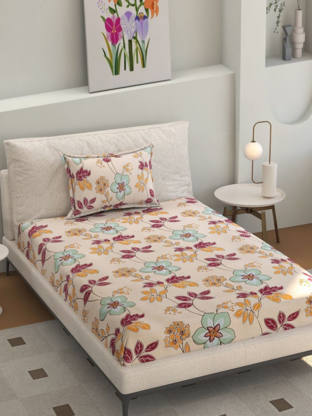 

Florida Peach-Coloured & Green Floral 200 TC Single Bedsheet with 1 Pillow Covers