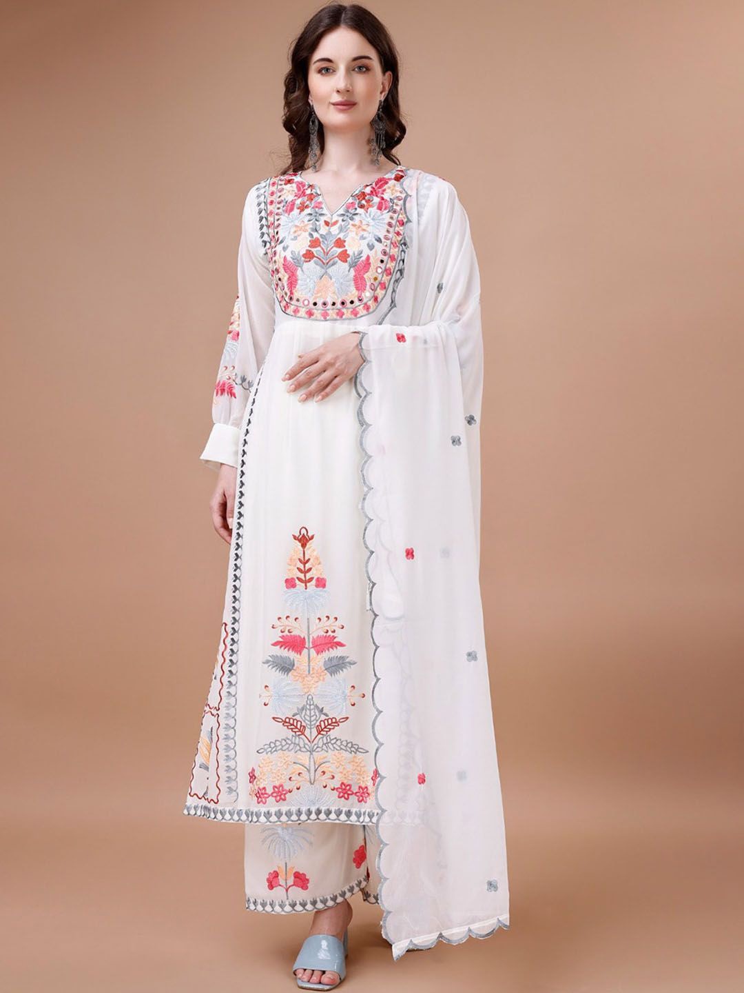 

BLACK SCISSOR Floral Embroidered Georgette A-Line Kurta With Trousers & Dupatta, White