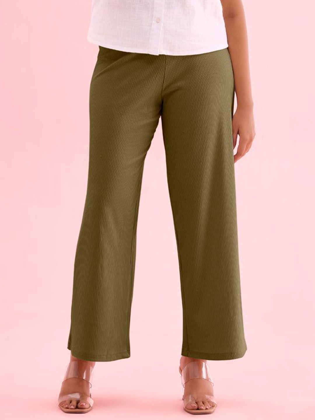 

Go Colors Women Straight Mid Rise Ribbed Palazzos, Olive
