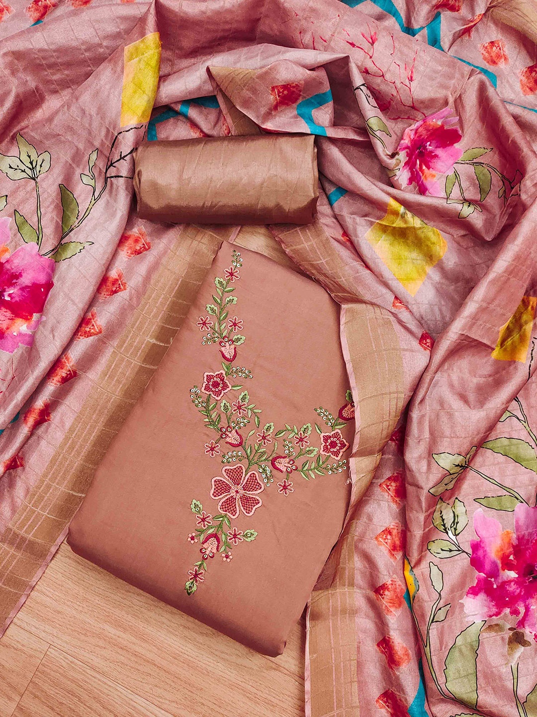 

KALINI Floral Embroidered Unstitched Dress Material, Peach