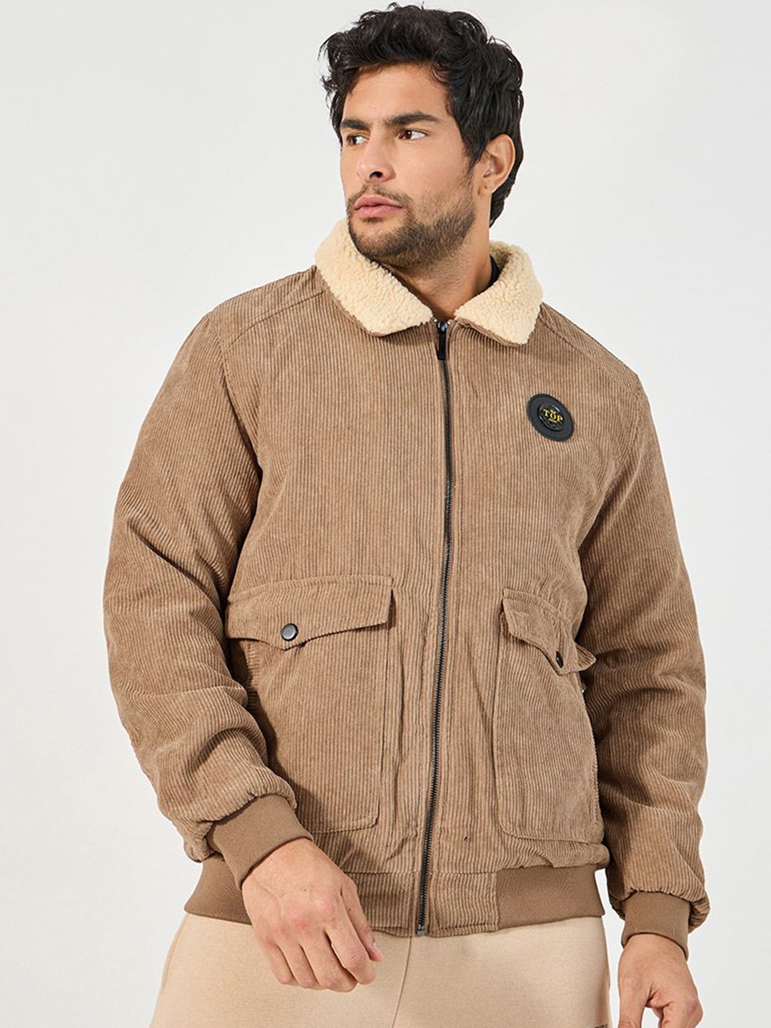 

Styli Spread Collar Corduroy Bomber Jacket, Beige