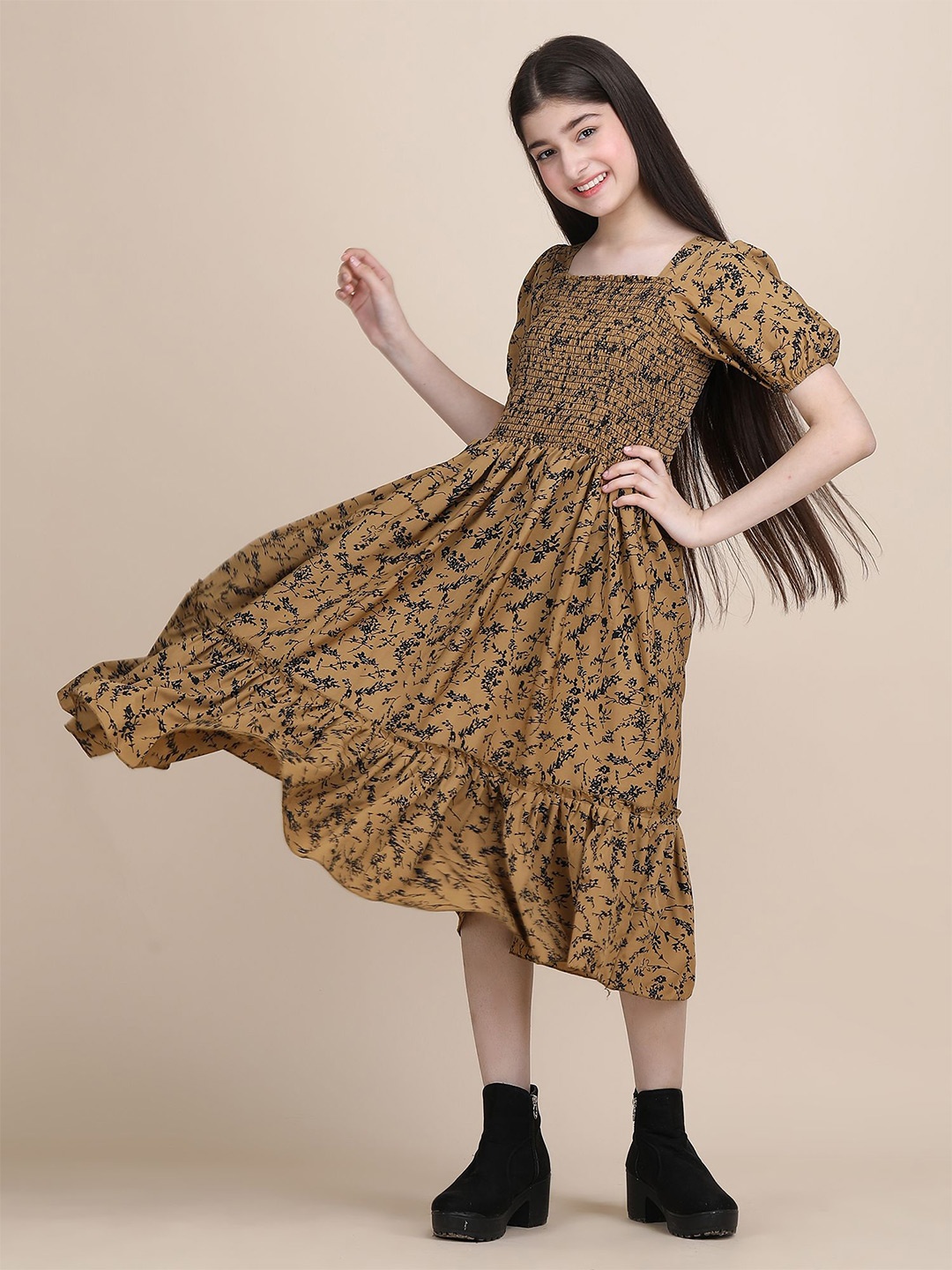 

DEKLOOK Girls Floral Printed Fit & Flare Midi Dress, Brown