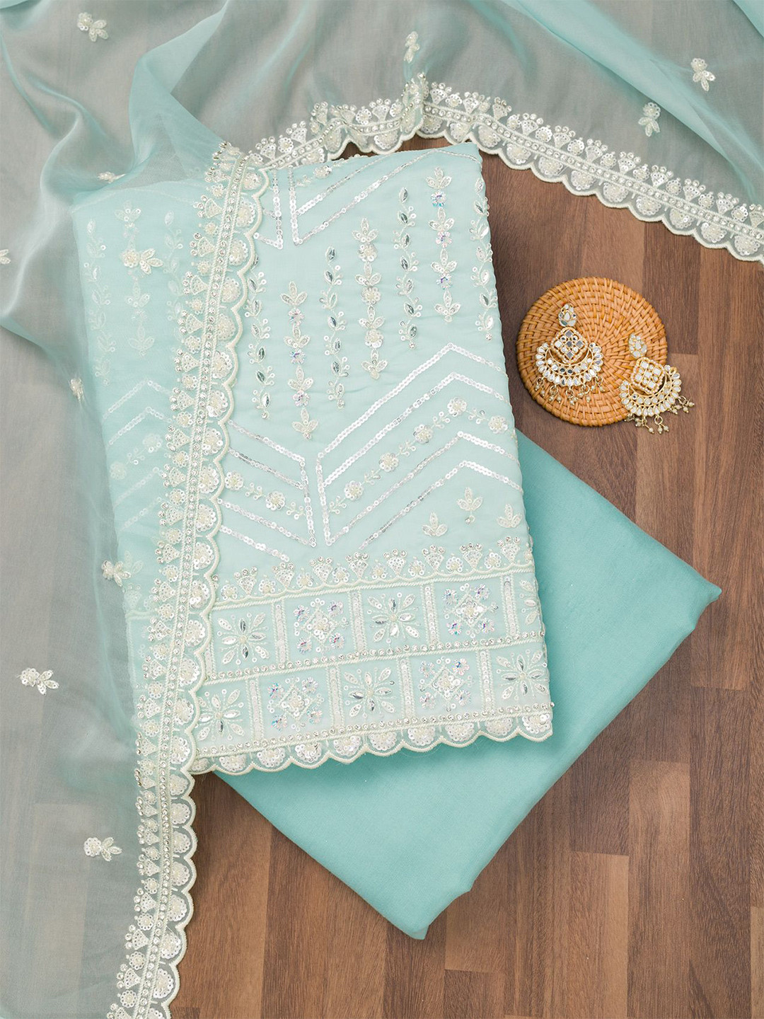 

Koskii Ethnic Motifs Embroidered Sequinned Unstitched Dress Material, Blue