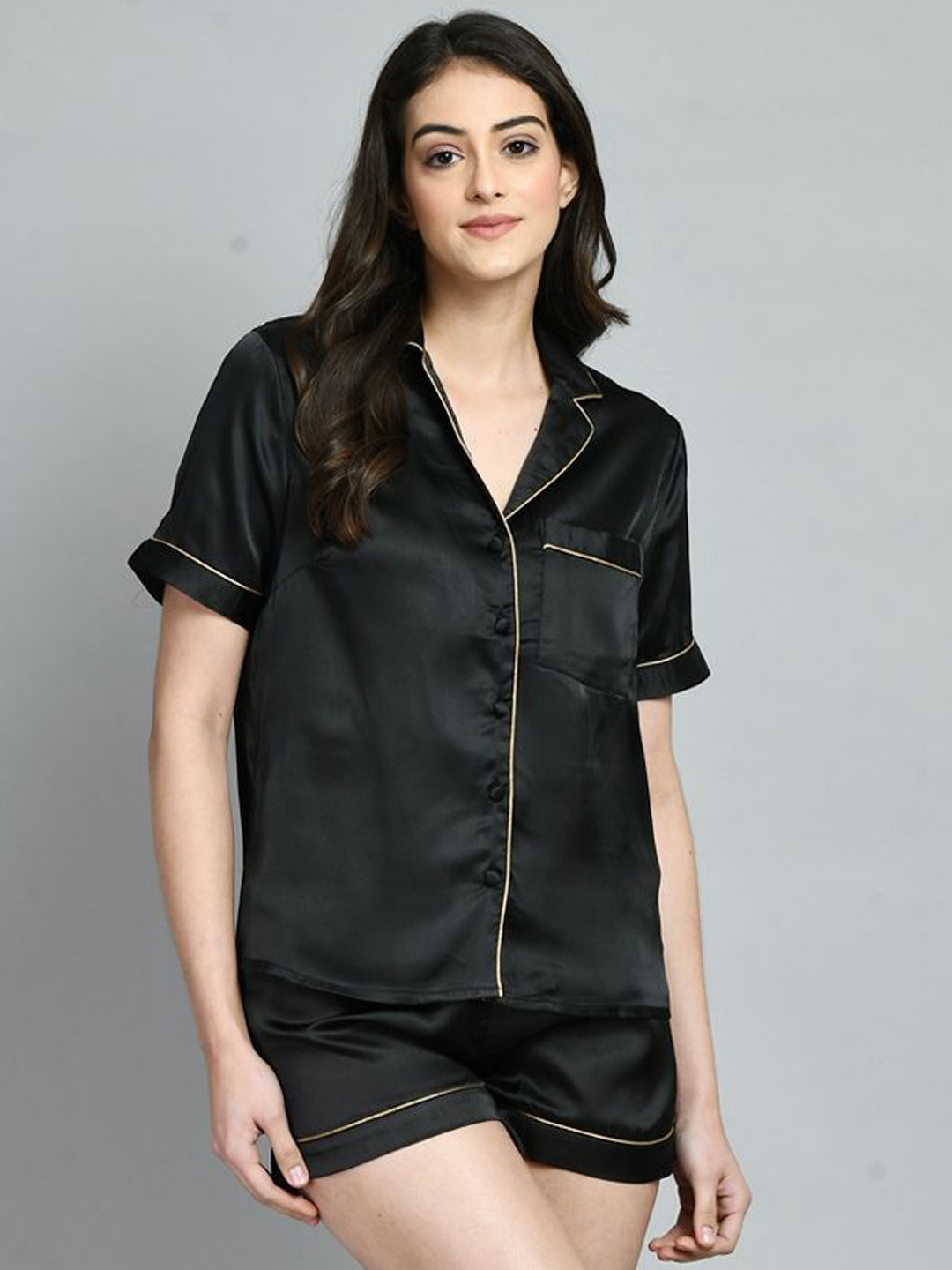 

PRETTY LOVING THING Women Lapel Collar Night suit, Black