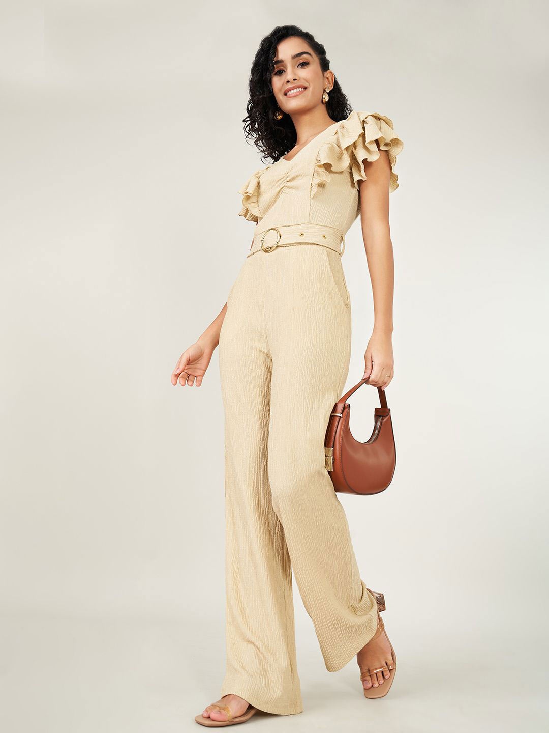 

People Women Flutter Sleeve Basic Jumpsuit, Khaki