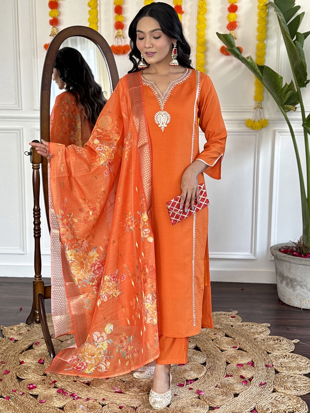 

KALINI Paisley Embroidered Sequinned Straight Kurta with Trouser & Dupatta, Orange