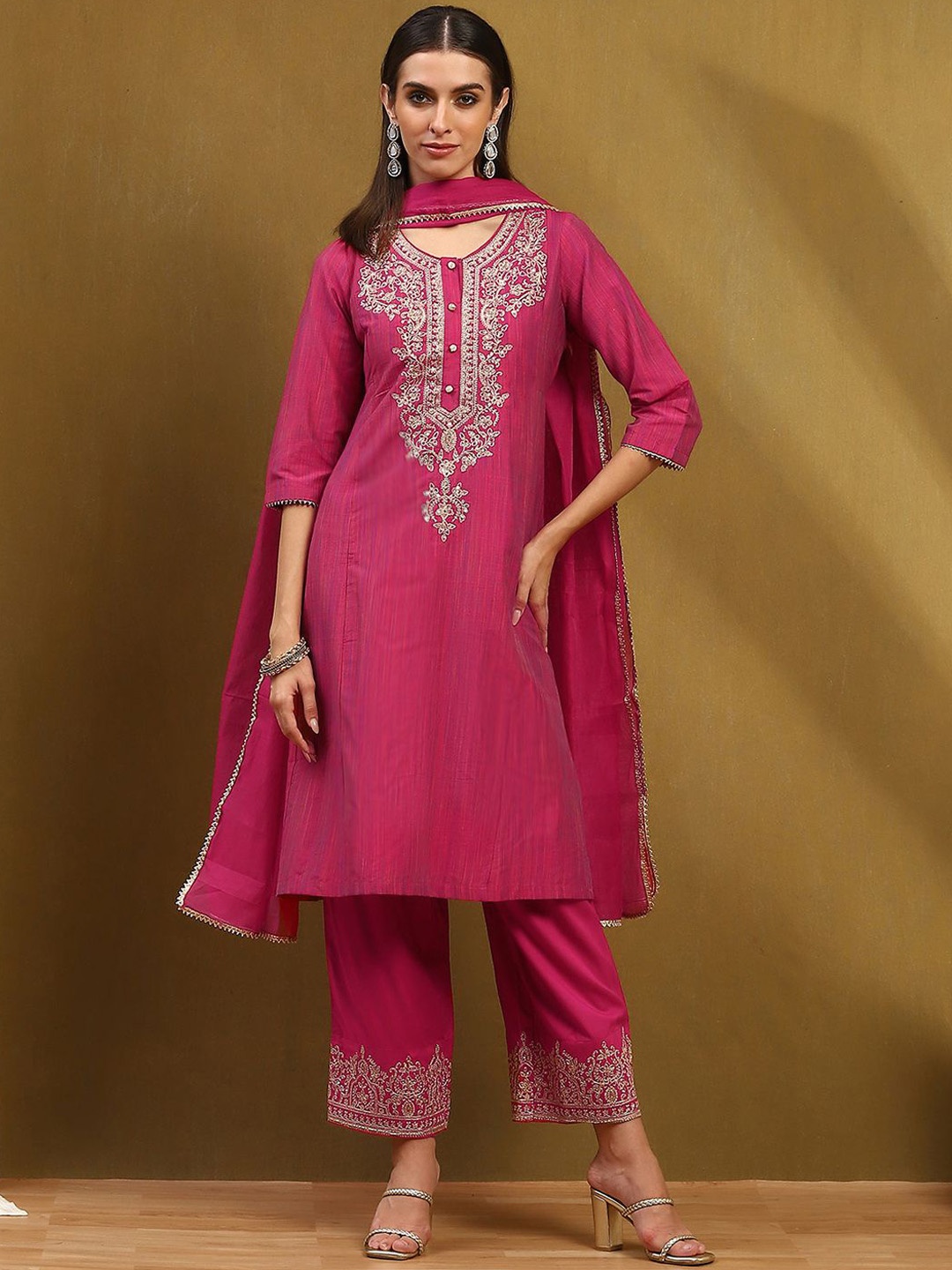 

Biba Floral Embroidered Straight Kurta With Palazzos & Dupatta, Pink
