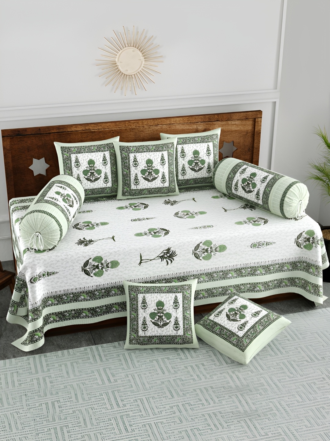 

BLOCKS OF INDIA White & Green 8 Pieces Ethinic Motifs Printed Cotton Diwan Set