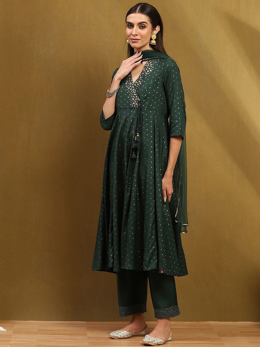 

Biba Ethnic Motifs Printed Mirror Work Anarkali Kurta With Palazzos & Dupatta, Green