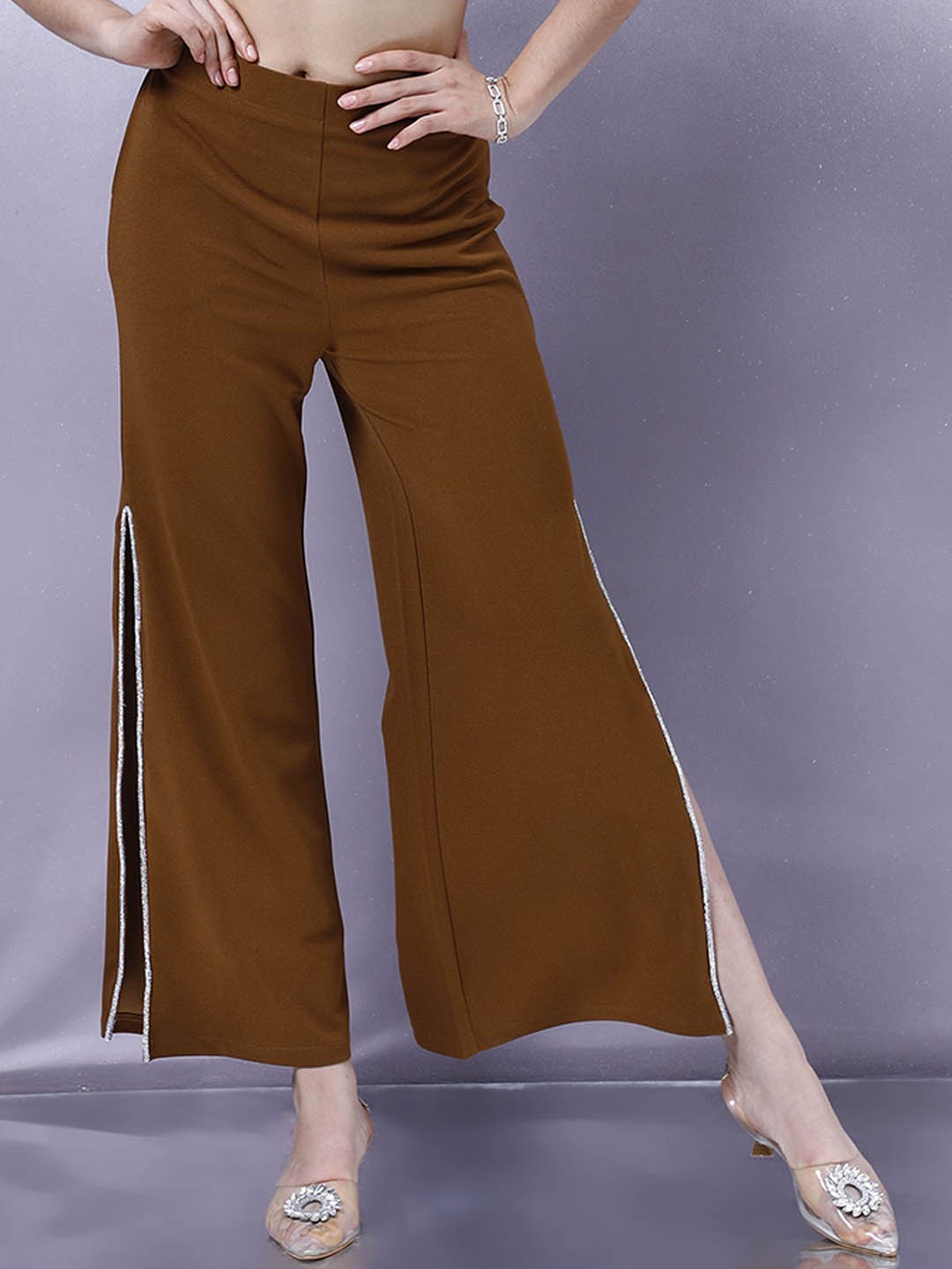 

Shally Bhasin by Athena Women Relaxed Straight Leg Flared High Slit Embellished Trouser, Brown