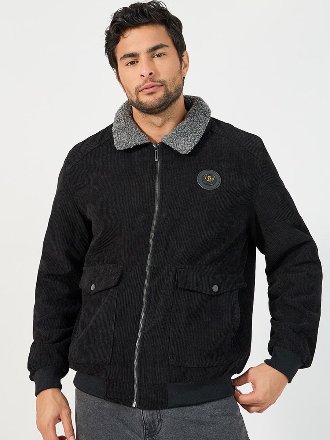 

Styli Spread Collar Corduroy Bomber Jacket, Black