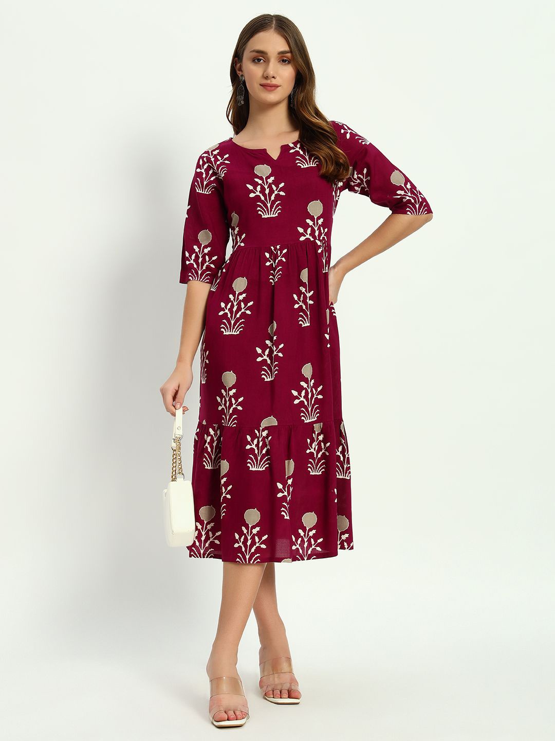 

ASHRU Women Floral Printed Flared Midi Dress, Maroon