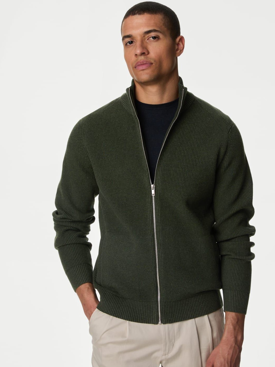 

Marks & Spencer Men Mock Collar Front-Open Sweaters, Green