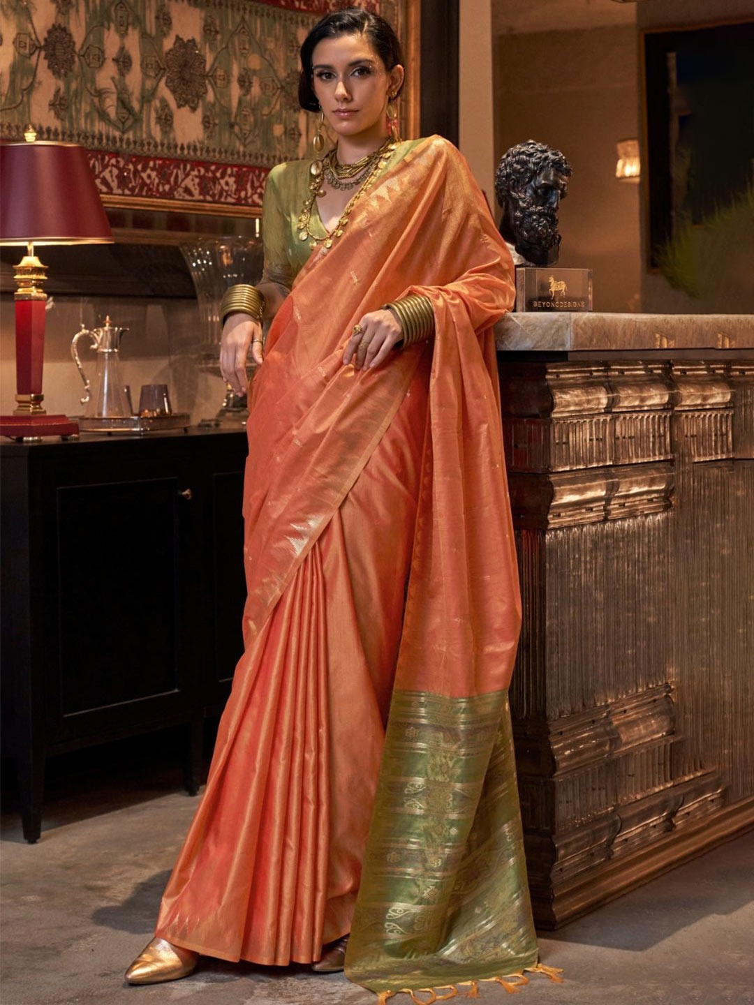 

DEVATITHI Woven Design Zari Tussar Saree, Orange