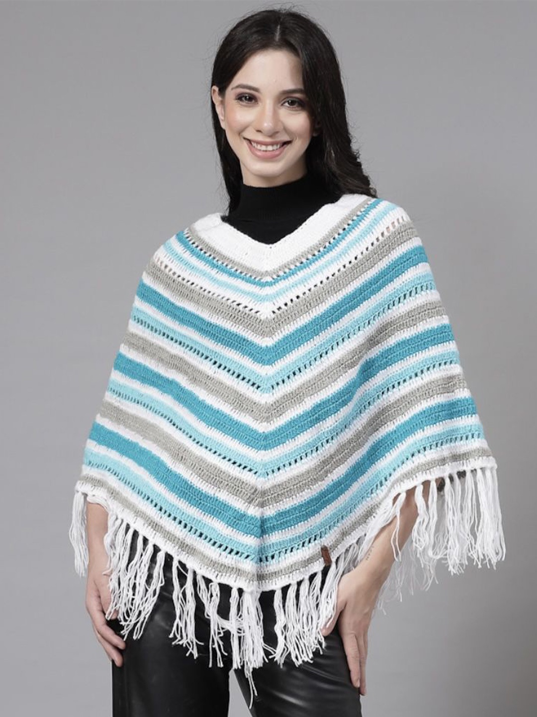 

Sugercandy Women Striped Woollen Poncho, Blue