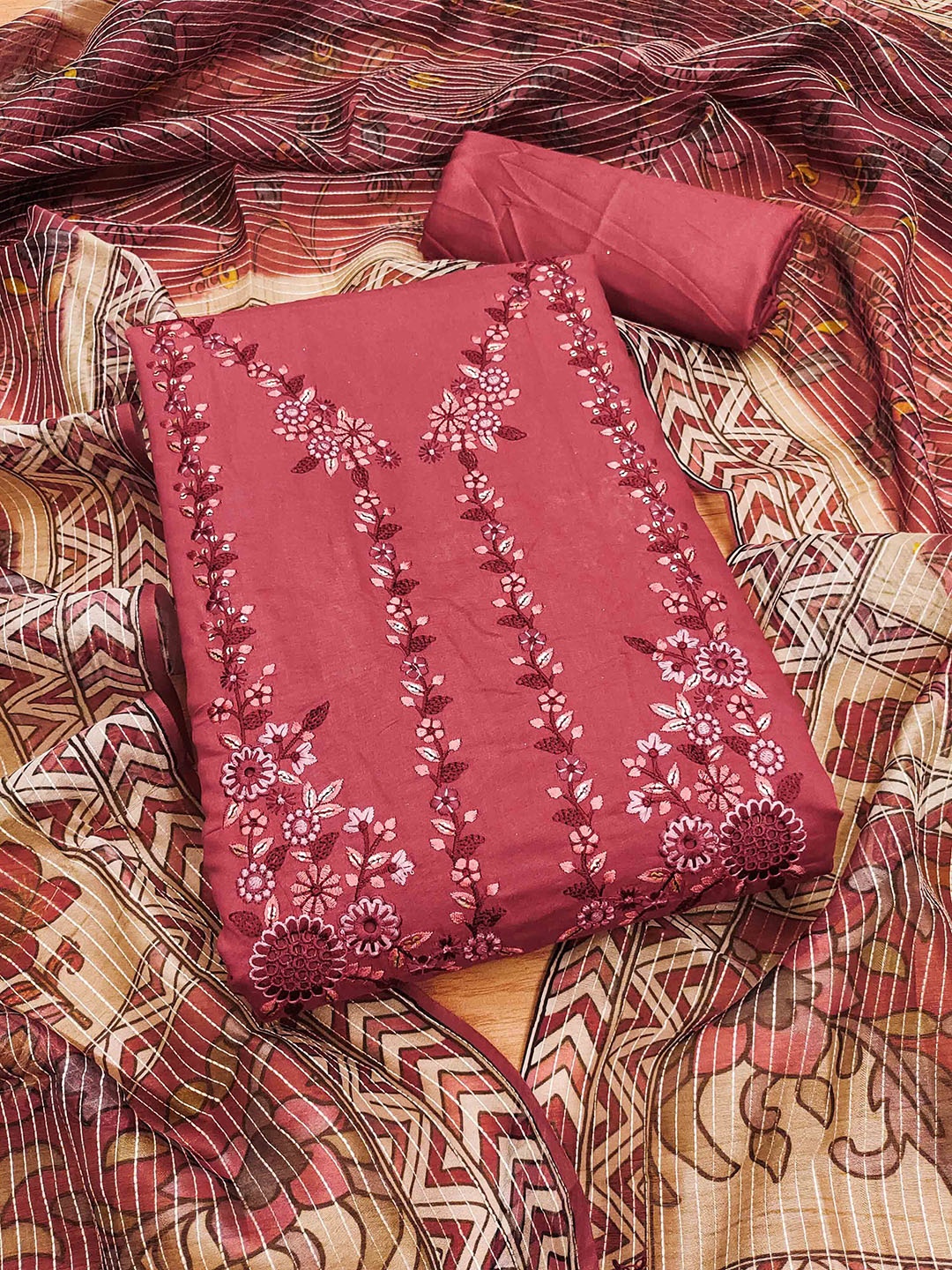 

KALINI Floral Embroidered Sequinned Unstitched Dress Material, Pink