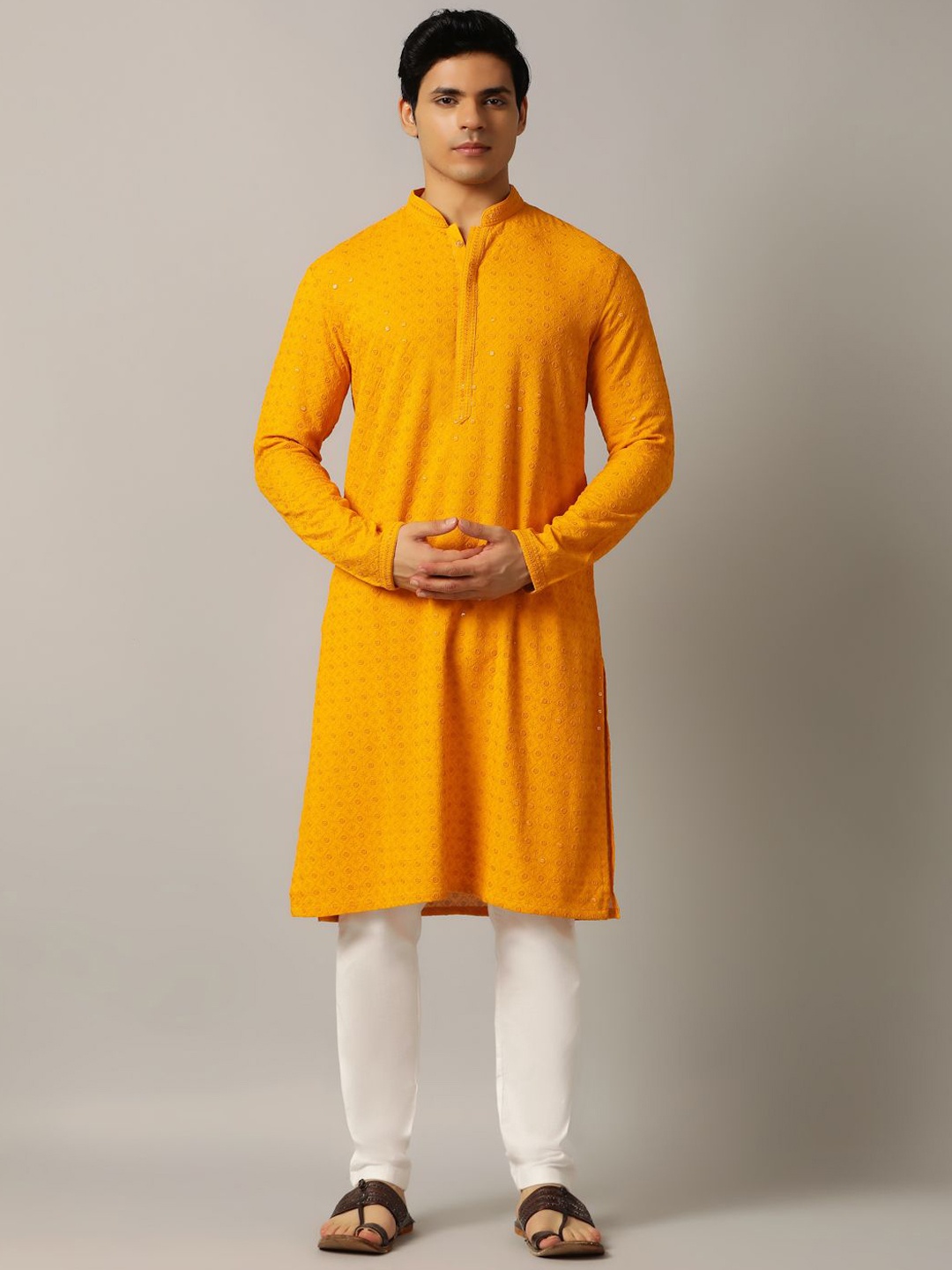 

THE KURTA COMPANY Ethnic Motifs Embroidered Mandarin Collar Sequined Straight Kurta, Yellow