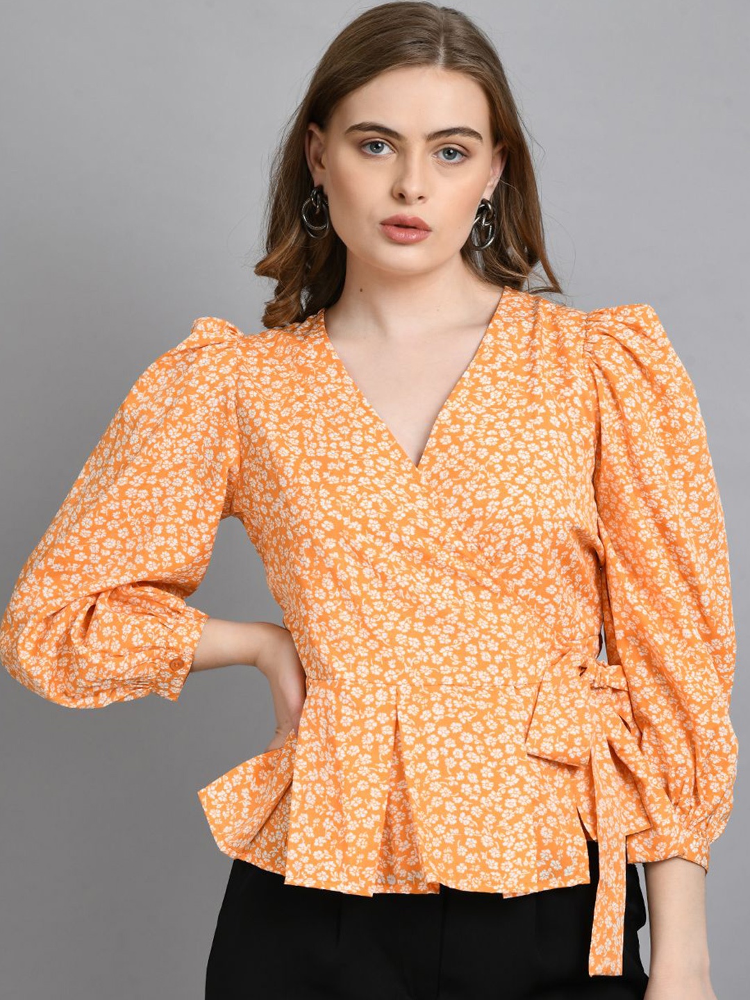 

PRETTY LOVING THING Women Floral Printed Puff Sleeve Tie-Ups Wrap Top, Orange