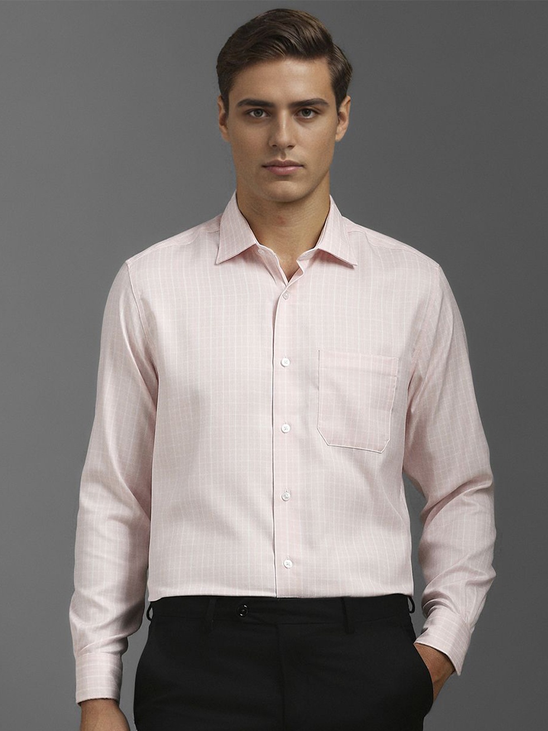 

Louis Philippe Men Classic Opaque Checked Formal Shirt, Peach