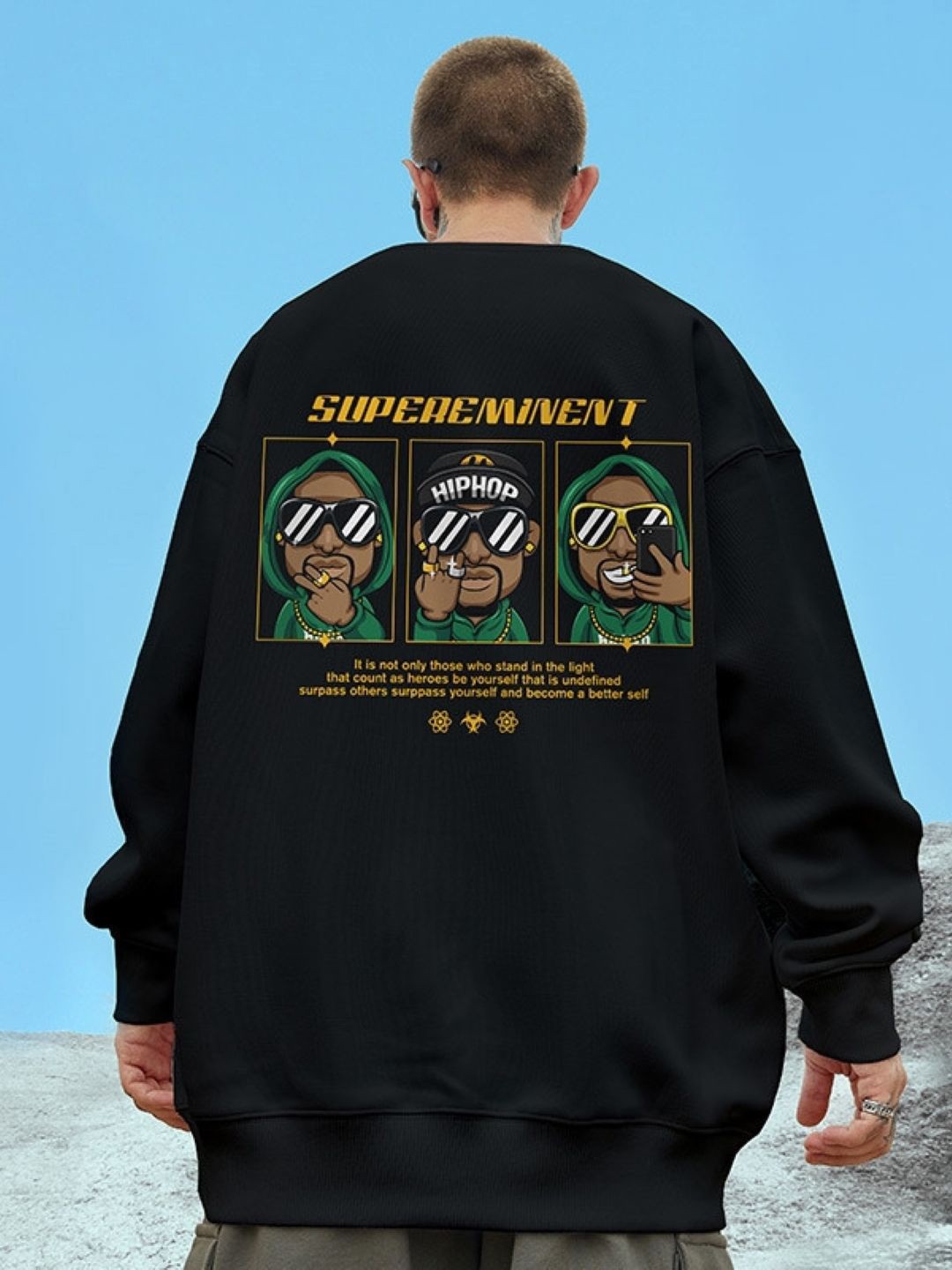 

KPOP Men Printed Cotton Round Neck Long Sleeves Pullover Sweatshirt, Black