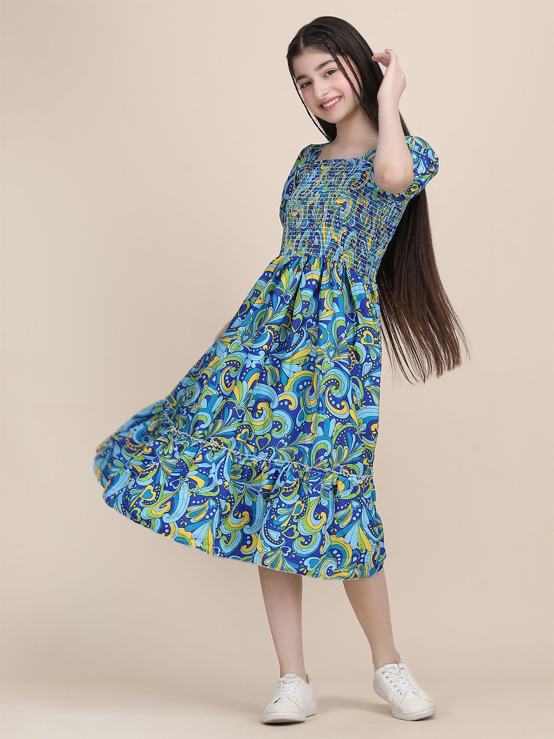 

DEKLOOK Girls Abstract Printed Fit & Flare Midi Dress, Blue