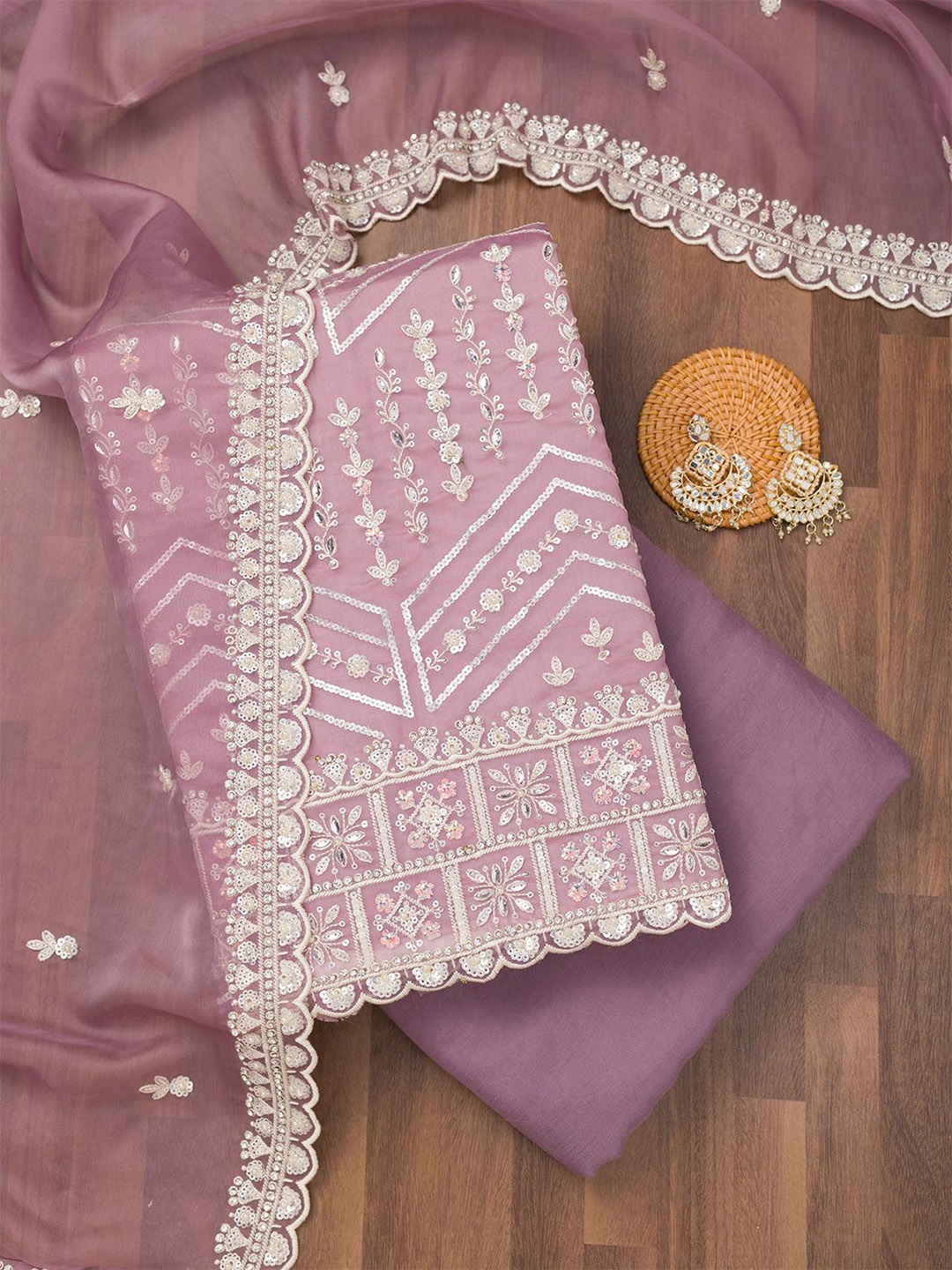 

Koskii Floral Embroidered Sequinned Georgette Unstitched Dress Material, Purple