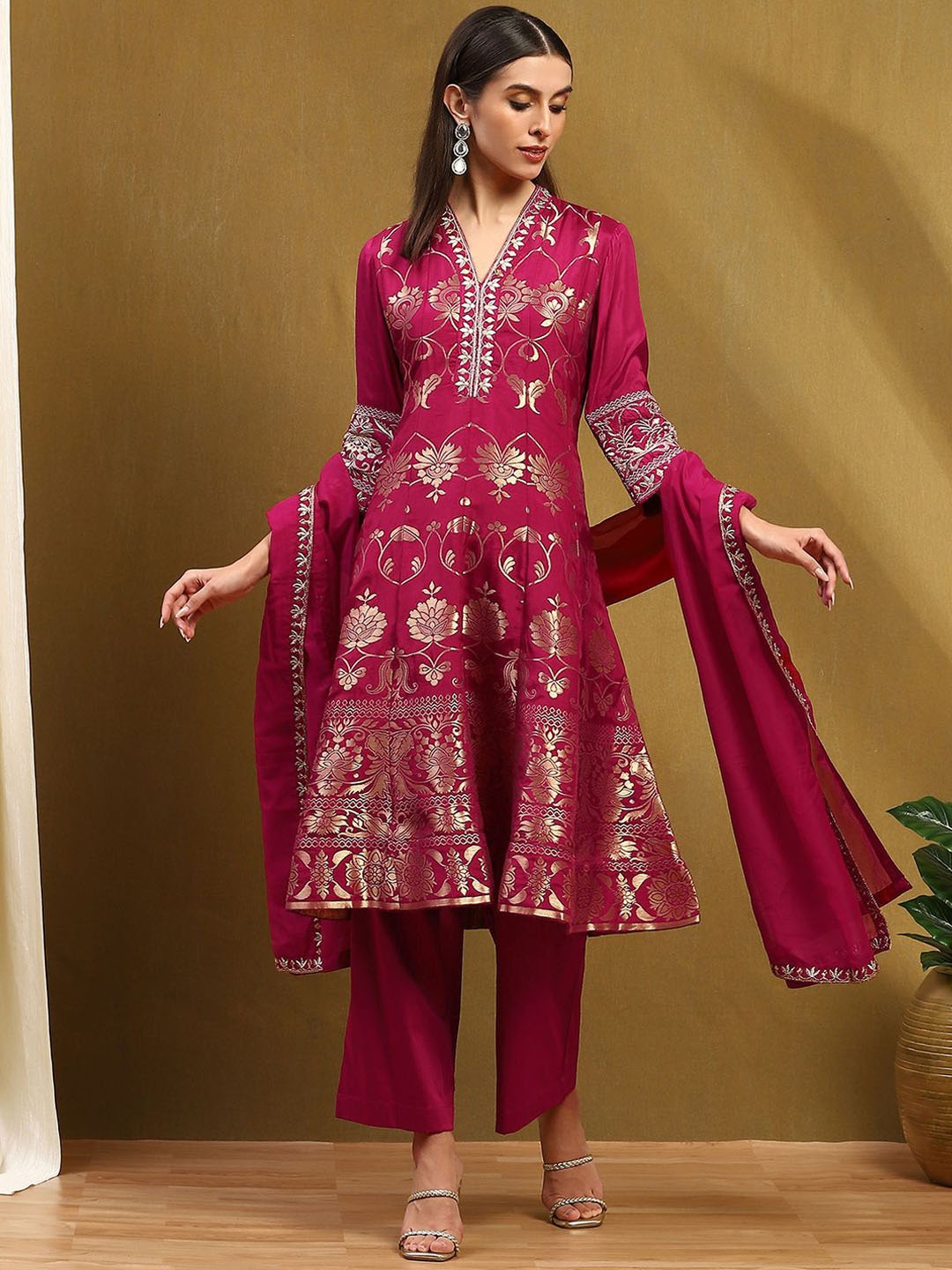 

Biba Floral Woven Design Beads and Stones V-Neck A-Line Kurta With Palazzo & Dupatta, Burgundy