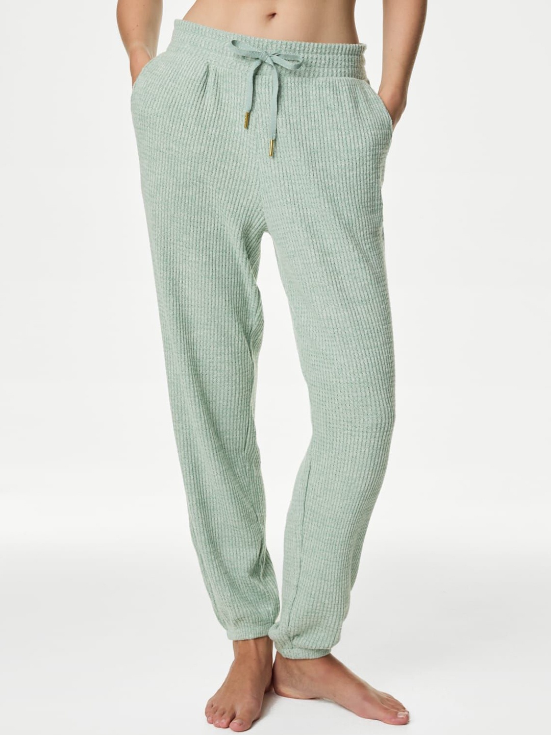 

Marks & Spencer Women Striped Mid- Rise Joggers, Green