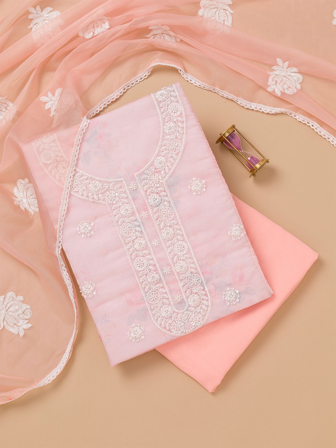 

Koskii Floral Embroidered Unstitched Dress Material, Peach