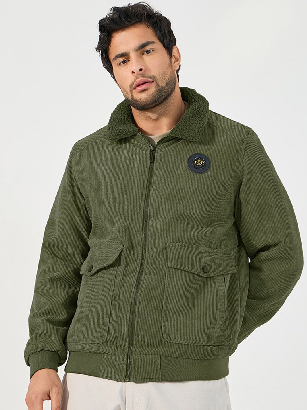 

Styli Spread Collar Corduroy Bomber Jacket, Olive