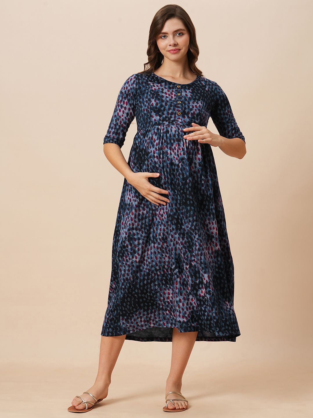 

Inner Sense Women Floral Printed Organic Cotton Maternity Round Neck Maxi Dress, Navy blue