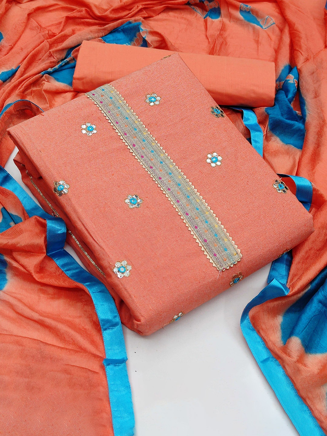 

Maroosh Floral Embroidered Mirror Work Unstitched Dress Material, Peach