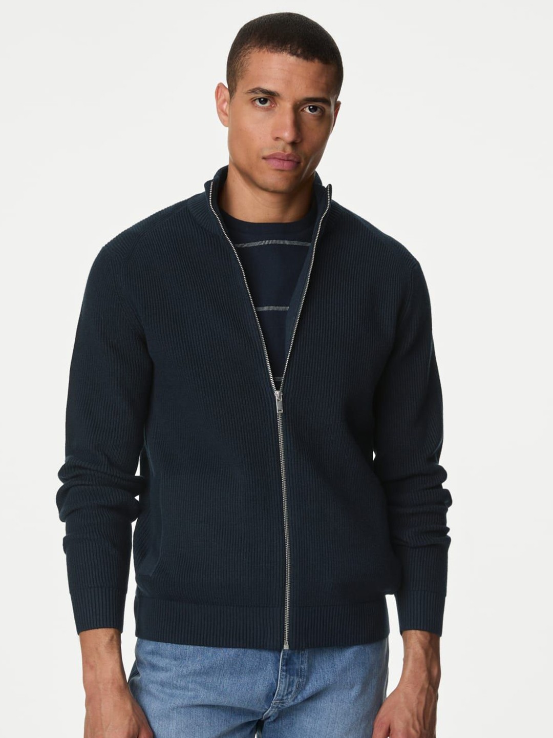 

Marks & Spencer Men Mock Collar Cardigan, Navy blue