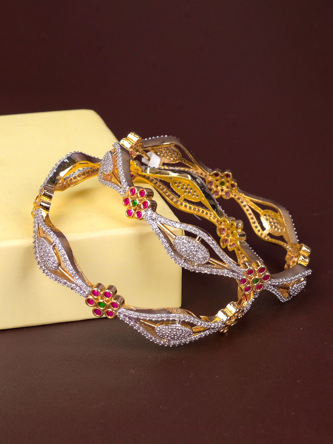 

Zevarly Set Of 2 Gold-Plated American Diamond-Stone Studded Bangles